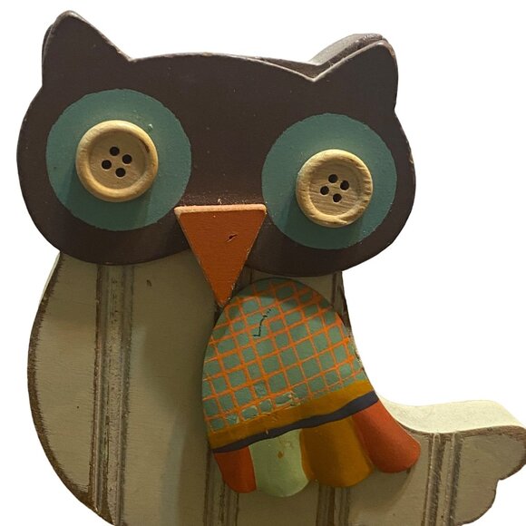 Wooden Owl Decor Button Eyes Handmade Bird Upright Boho Country Chic Cute 6" - Picture 2 of 5